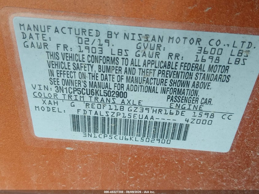 2019 Nissan Kicks Sv VIN: 3N1CP5CU6KL502900 Lot: 45327208