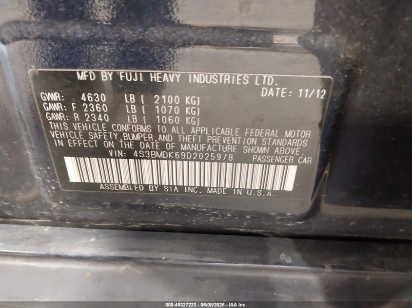 2013 Subaru Legacy 3.6R Limited VIN: 4S3BMDK69D2025978 Lot: 45327223