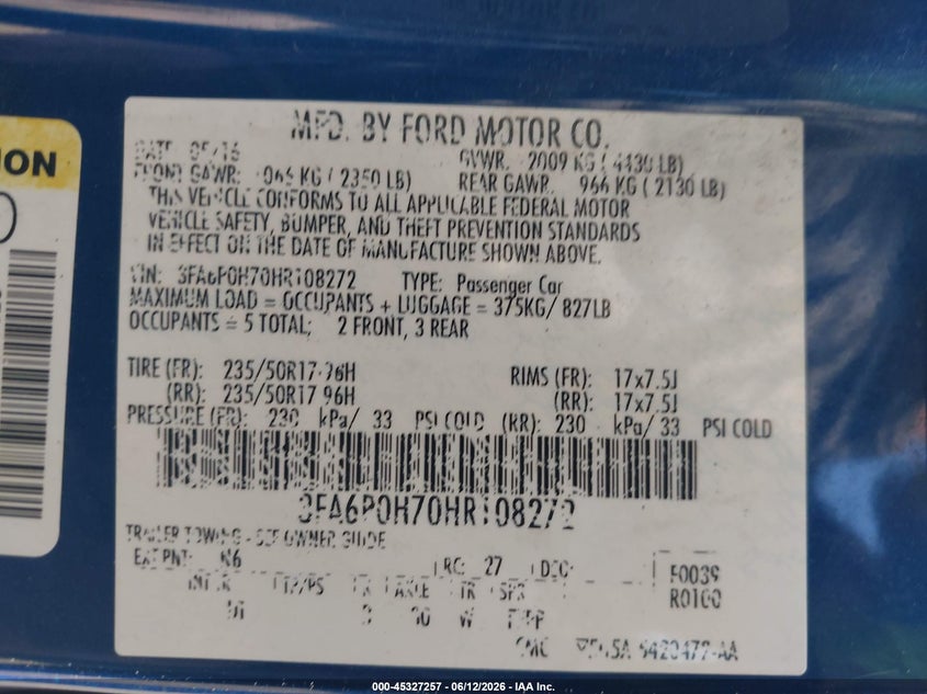 2017 FORD FUSION SEDAN 2.5L I-4 DOHC, VVT, 175HP