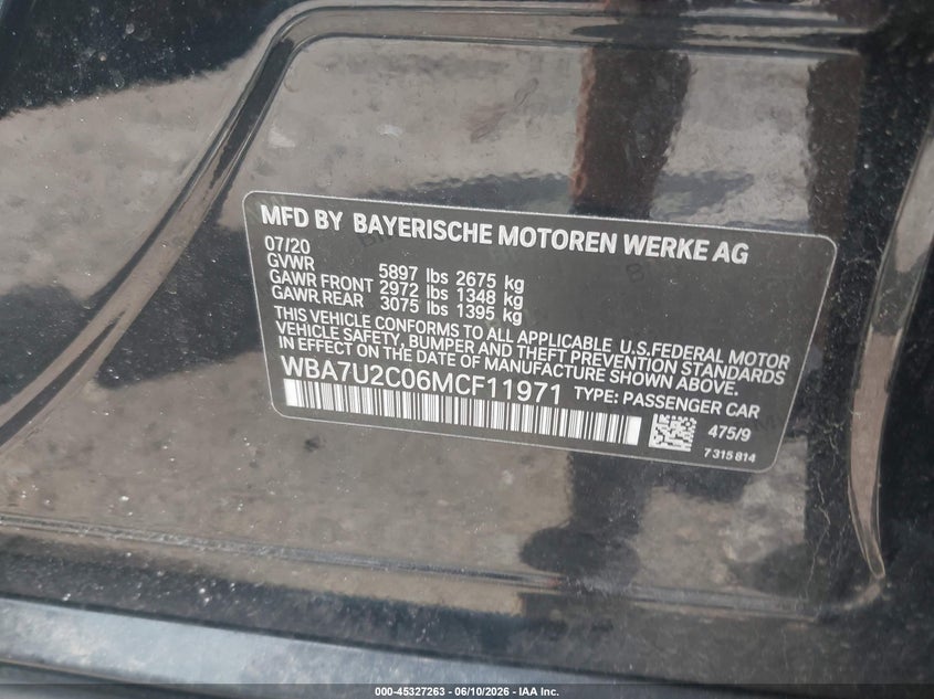 2021 BMW 750I xDrive VIN: WBA7U2C06MCF11971 Lot: 45327263