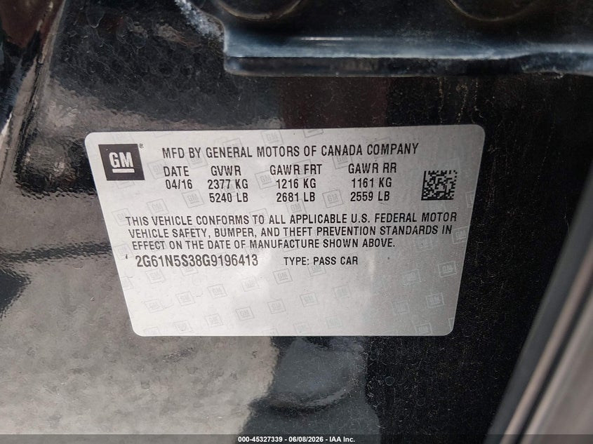 2016 Cadillac Xts Luxury Collection VIN: 2G61N5S38G9196413 Lot: 45327339
