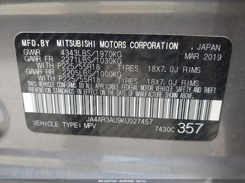2019 Mitsubishi Outlander Sport 2.0 Se VIN: JA4AR3AU9KU027457 Lot: 45327344