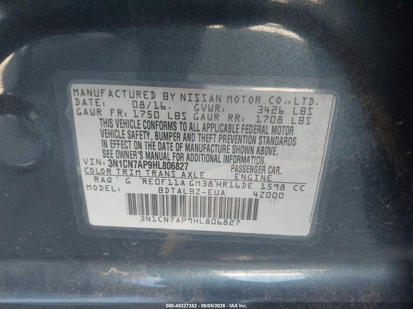 2017 Nissan Versa 1.6 Sv VIN: 3N1CN7AP9HL806827 Lot: 45327352