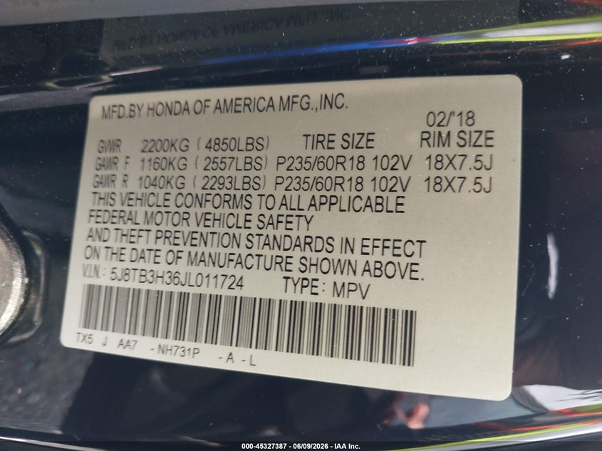2018 Acura Rdx Acurawatch Plus Package VIN: 5J8TB3H36JL011724 Lot: 45327387