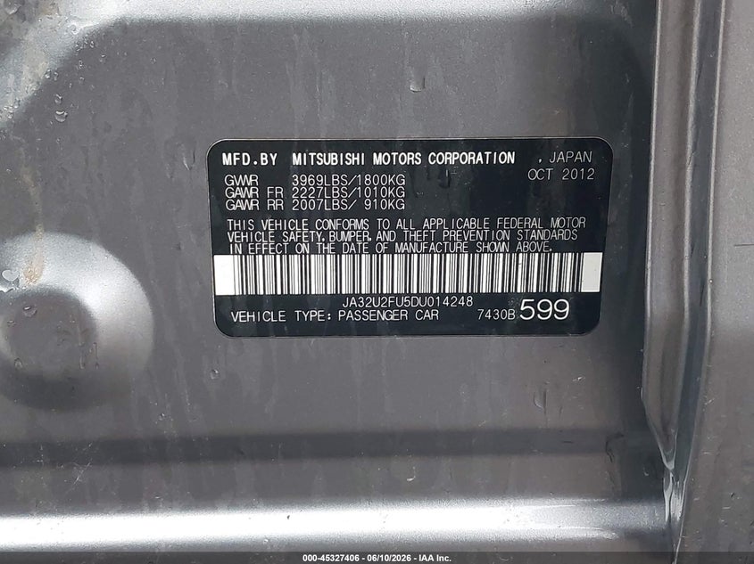 2013 Mitsubishi Lancer Es VIN: JA32U2FU5DU014248 Lot: 45327406