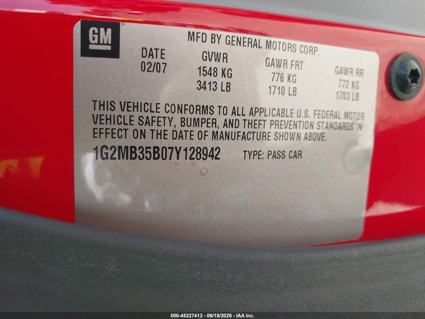 2007 Pontiac Solstice VIN: 1G2MB35B07Y128942 Lot: 45327412
