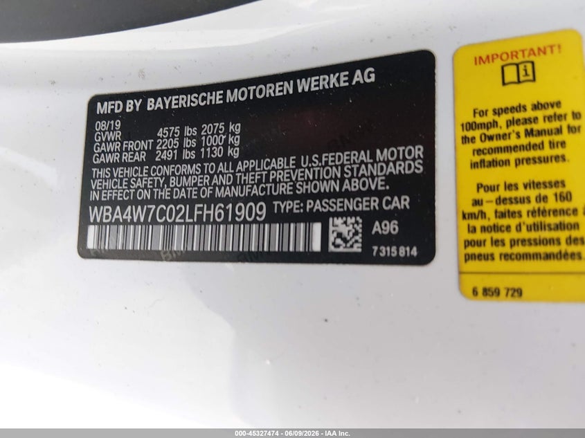2020 BMW 440I VIN: WBA4W7C02LFH61909 Lot: 45327474