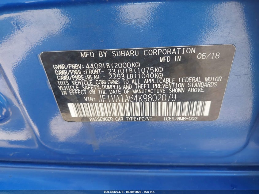 2019 Subaru Wrx VIN: JF1VA1A64K9802079 Lot: 45327478