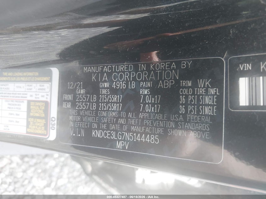 VIN KNDCE3LG7N5144485 2022 KIA NIRO EV EX PREMIUM