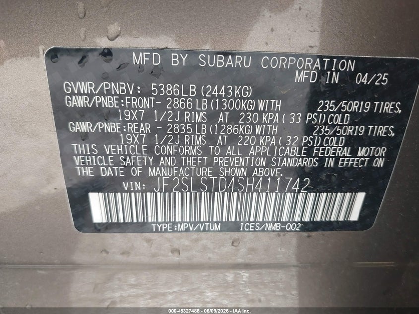 2025 SUBARU FORESTER 2.5L H-4 DI, DOHC, V(VIN: JF2SLSTD4SH411742