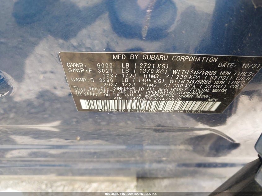 2021 Subaru Ascent Limited VIN: 4S4WMAPD1M3475976 Lot: 45327516