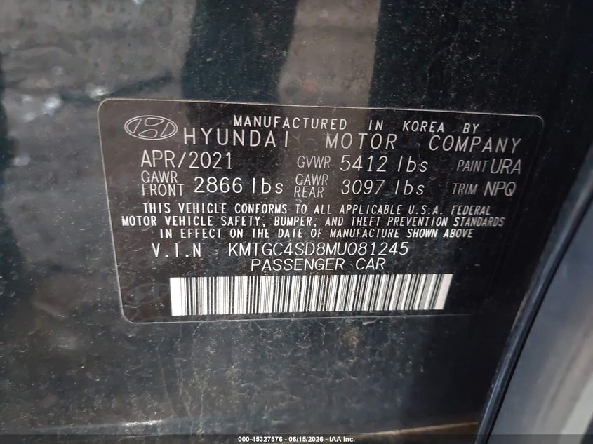 2021 Genesis G80 Prestige VIN: KMTGC4SD8MU081245 Lot: 45327576