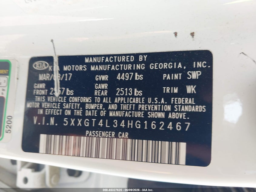 2017 Kia Optima Lx VIN: 5XXGT4L34HG162467 Lot: 45327625