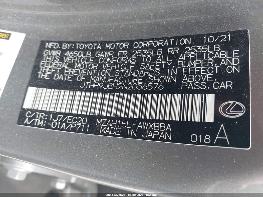 2022 LEXUS UX 250H 2.0L I-4 DI, DOHC, V(VIN: JTHP9JBH2N2056576