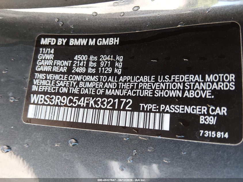 2015 BMW M4 VIN: WBS3R9C54FK332172 Lot: 45327647