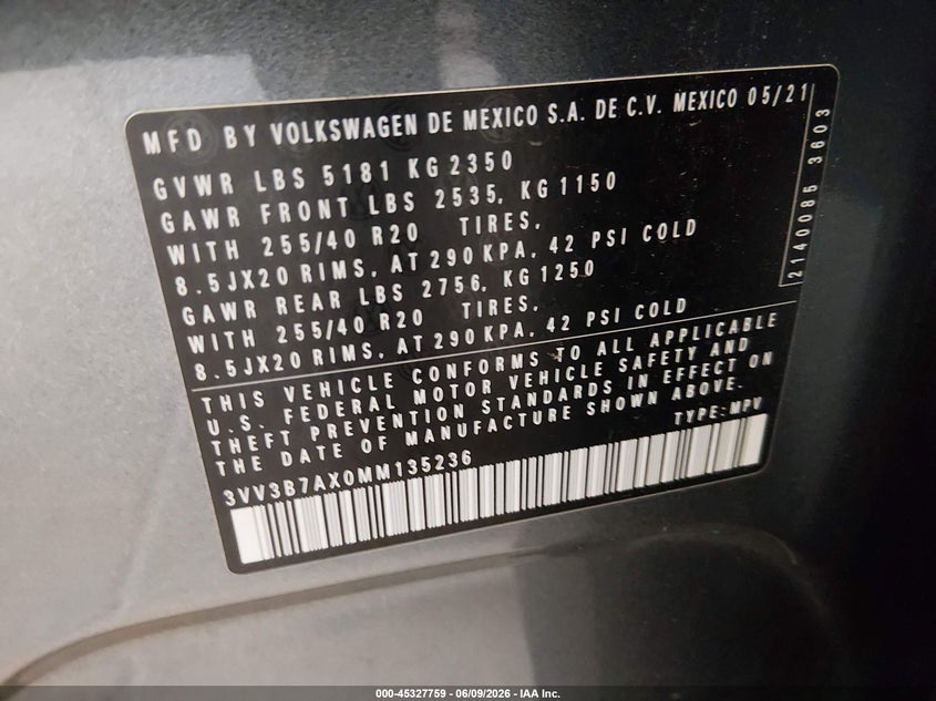 2021 VOLKSWAGEN TIGUAN 2.0L I-4 DI, DOHC, V(VIN: 3VV3B7AX0MM135236