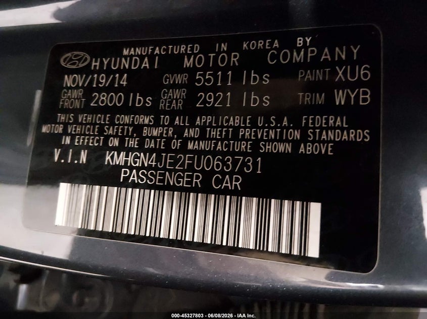 2015 Hyundai Genesis 3.8 VIN: KMHGN4JE2FU063731 Lot: 45327803