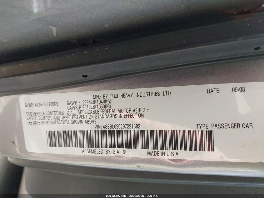 2009 Subaru Legacy 2.5I Limited VIN: 4S3BL626297221382 Lot: 45327825
