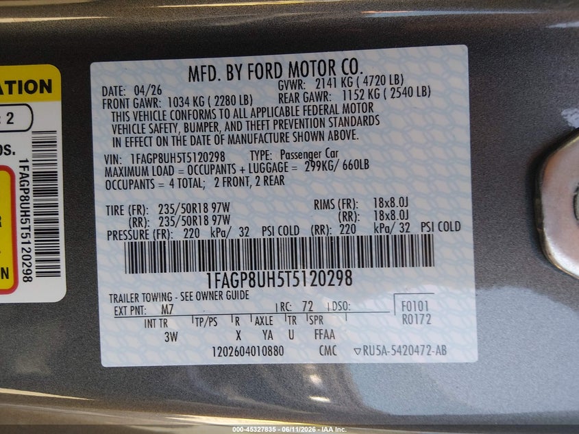 2026 Ford Mustang Ecoboost Premium VIN: 1FAGP8UH5T5120298 Lot: 45327835