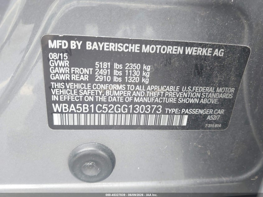 2016 BMW 5ER SEDAN 3.0L I-6 DI, DOHC, VVT, TURBO, 300HP