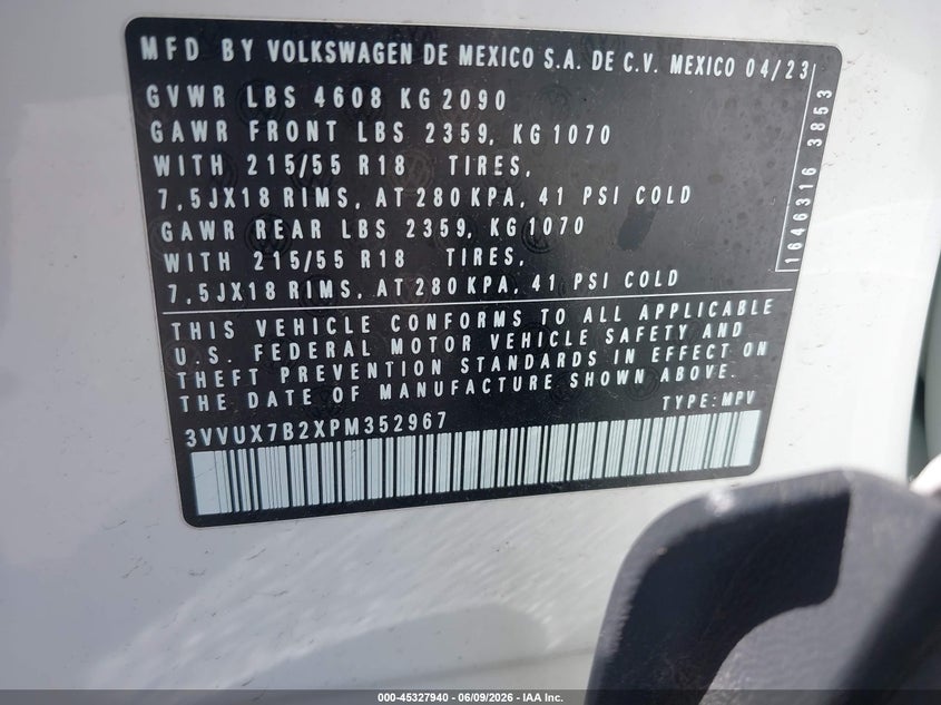 2023 Volkswagen Taos 1.5T Se VIN: 3VVUX7B2XPM352967 Lot: 45327940