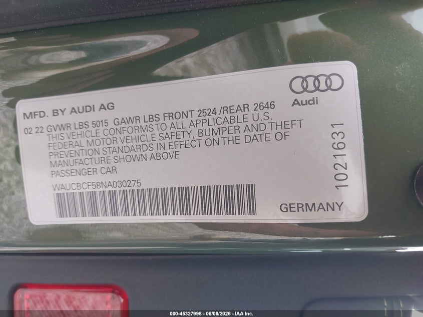 2022 AUDI A5 SPORTBACK 2.0L I-4 DI, DOHC, V(VIN: WAUCBCF58NA030275
