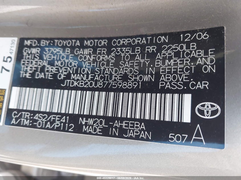 2007 Toyota Prius VIN: JTDKB20U877598891 Lot: 45328017