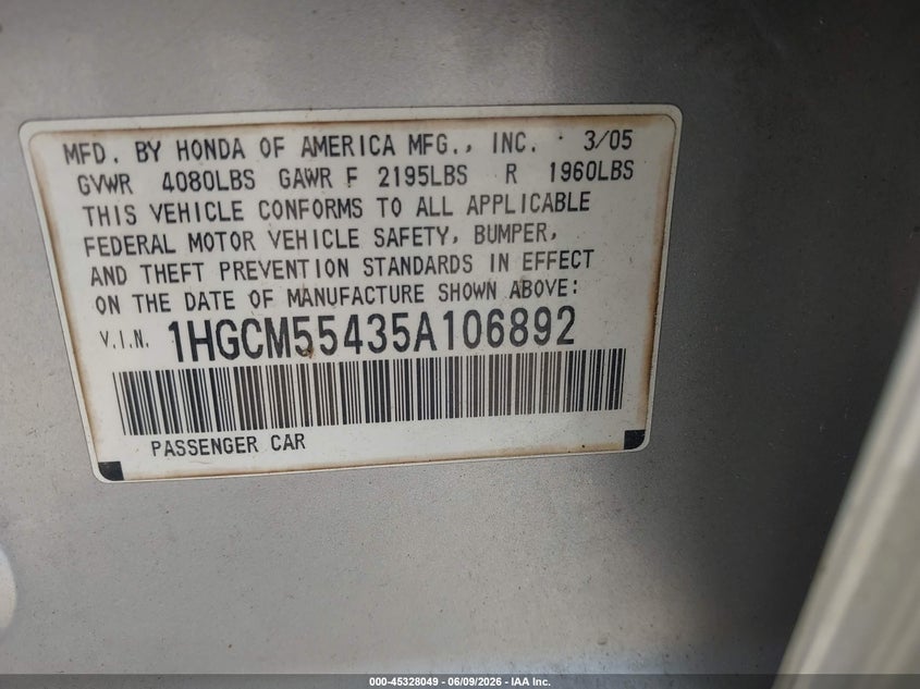2005 Honda Accord 2.4 Lx VIN: 1HGCM55435A106892 Lot: 45328049