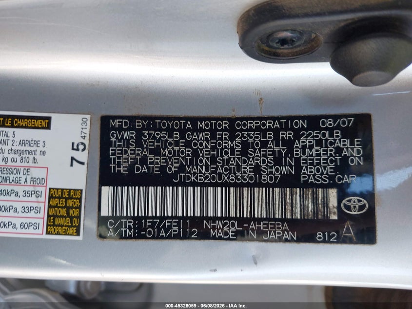 2008 Toyota Prius VIN: JTDKB20UX83301807 Lot: 45328059