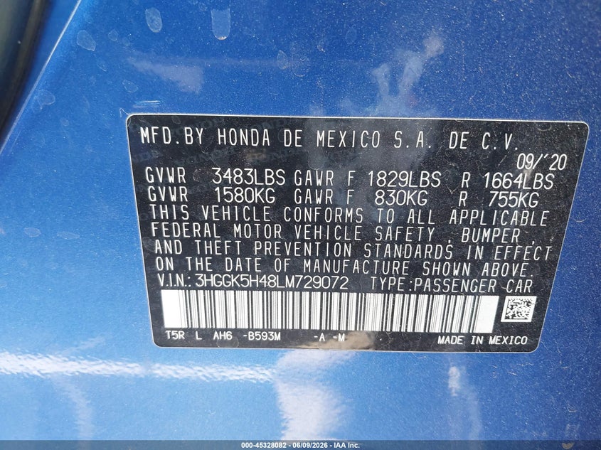 VIN 3HGGK5H48LM729072 2020 HONDA FIT LX