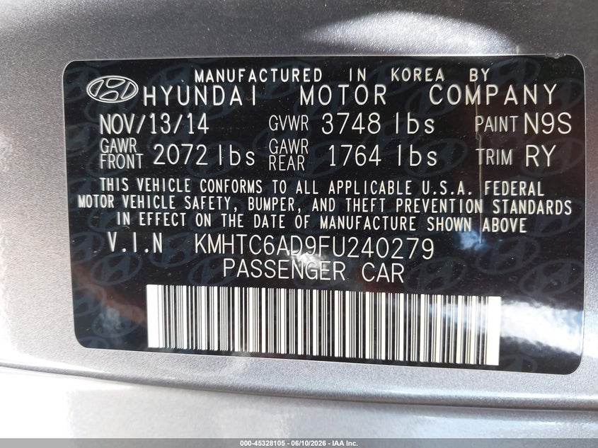 2015 Hyundai Veloster VIN: KMHTC6AD9FU240279 Lot: 45328105