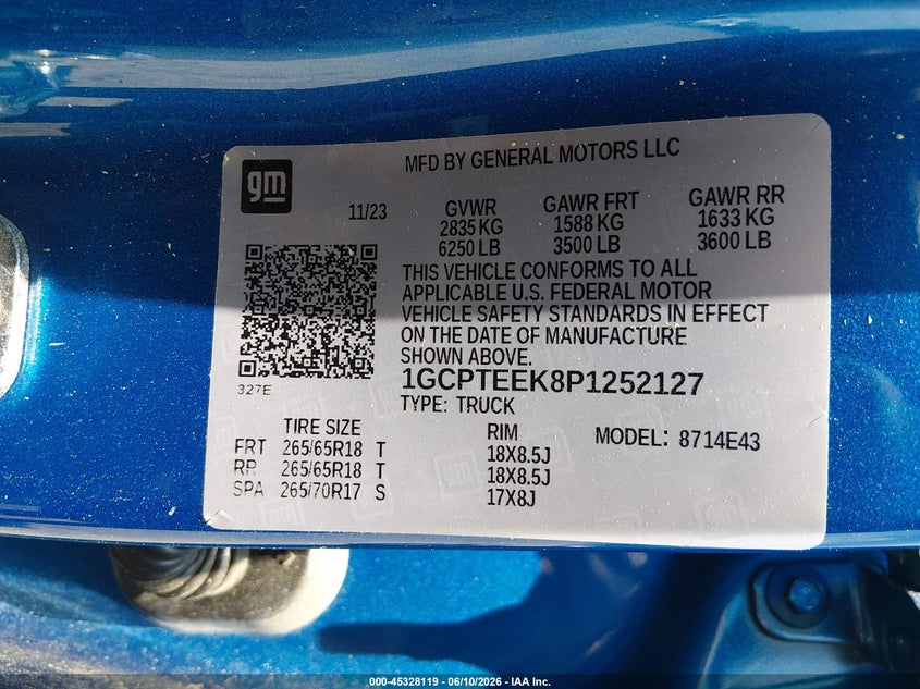 2023 CHEVROLET COLORADO 2.7L I-4 DI, DOHC, V(VIN: 1GCPTEEK8P1252127