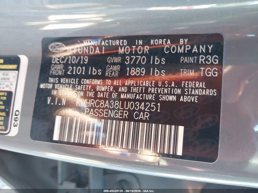 2020 Hyundai Venue Sel VIN: KMHRC8A38LU034251 Lot: 45328125