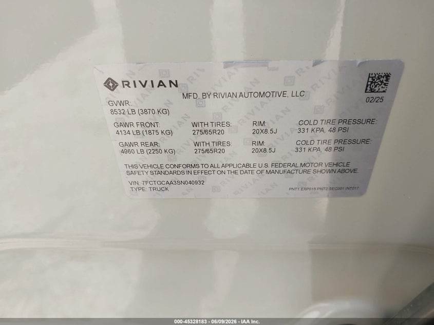 2025 Rivian R1T Adventure VIN: 7FCTGCAA3SN040932 Lot: 45328183