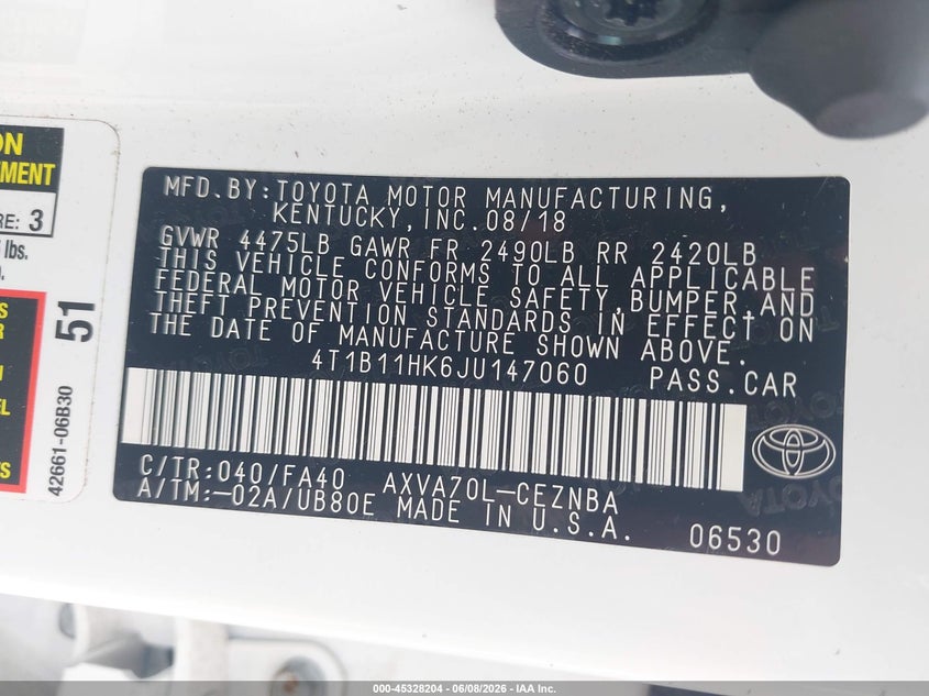 2018 Toyota Camry Le VIN: 4T1B11HK6JU147060 Lot: 45328204
