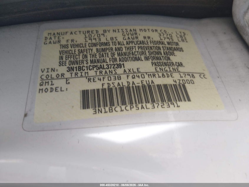 2010 Nissan Versa 1.8S VIN: 3N1BC1CP5AL372391 Lot: 45328210