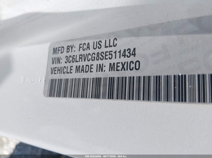 Vin: 3c6lrvcg8se511434, lot: 45826199, ram promaster 2500 tradesman high roof 136 wb w/pass seat 20254