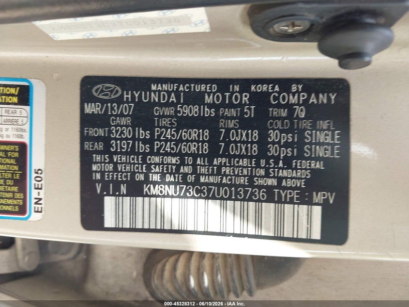 2007 Hyundai Veracruz VIN: KM8NU73C37U013736 Lot: 45328312
