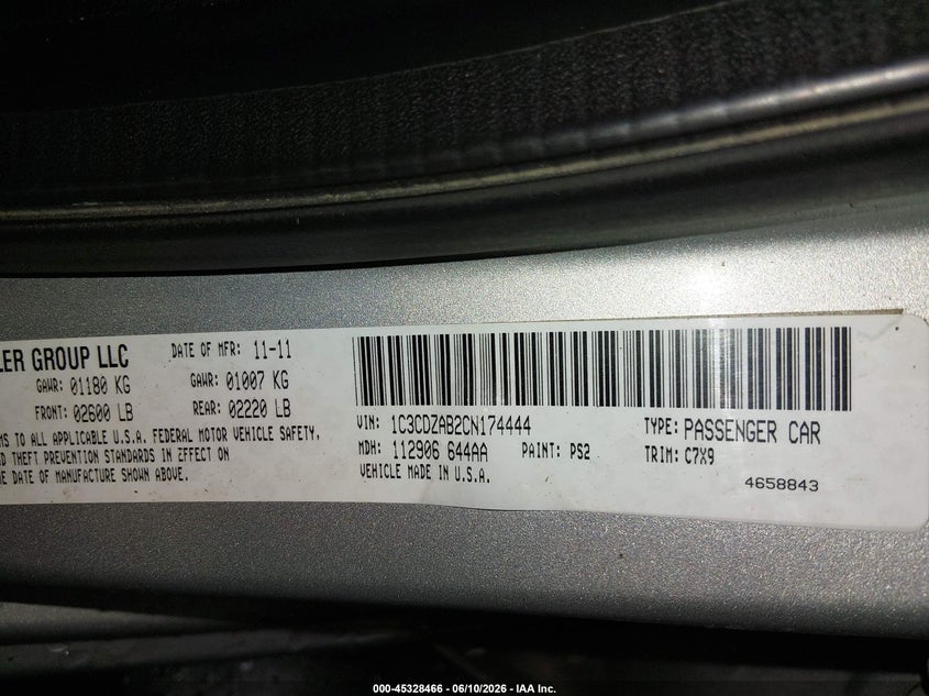 2012 Dodge Avenger Se VIN: 1C3CDZAB2CN174444 Lot: 45328466