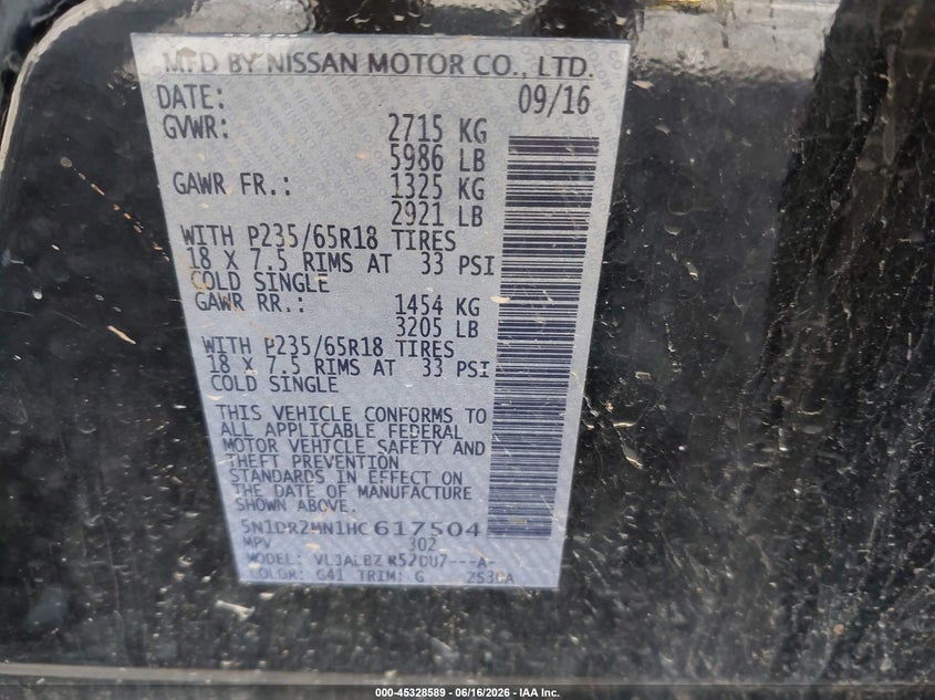 2017 Nissan Pathfinder S VIN: 5N1DR2MN1HC617504 Lot: 45328589