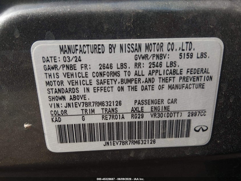 2024 Infiniti Q50 Luxe Awd VIN: JN1EV7BR7RM632126 Lot: 45328687