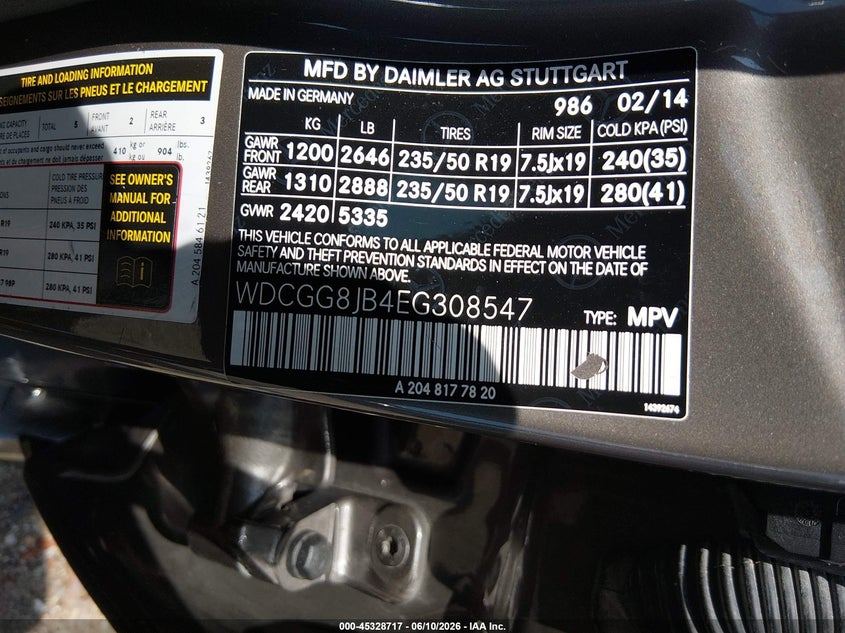 2014 Mercedes-Benz Glk 350 4Matic VIN: WDCGG8JB4EG308547 Lot: 45328717