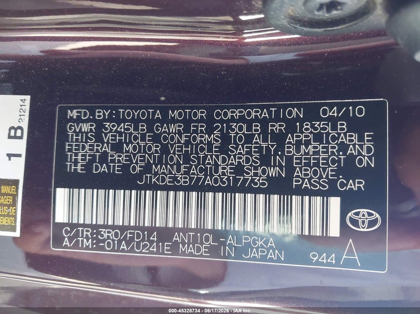 2010 Scion Tc VIN: JTKDE3B77A0317735 Lot: 45328734