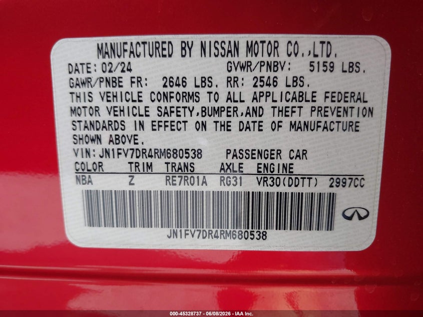 2024 Infiniti Q50 Red Sport 400 Awd VIN: JN1FV7DR4RM680538 Lot: 45328737