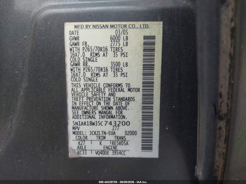 2005 Nissan Pathfinder Se VIN: 5N1AR18W35C743200 Lot: 45328755