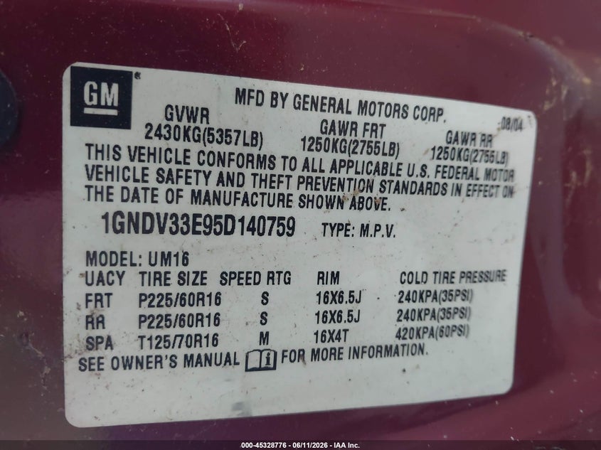 2005 CHEVROLET VENTURE VAN 3.4L V-6 185HP