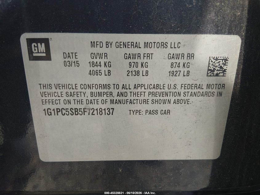 2015 CHEVROLET CRUZE SEDAN 1.4L I-4 DOHC, VVT, TURBO, 138HP