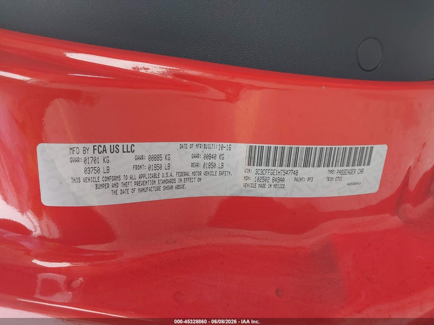 2017 Fiat 500E Battery Electric VIN: 3C3CFFGE1HT547748 Lot: 45328860