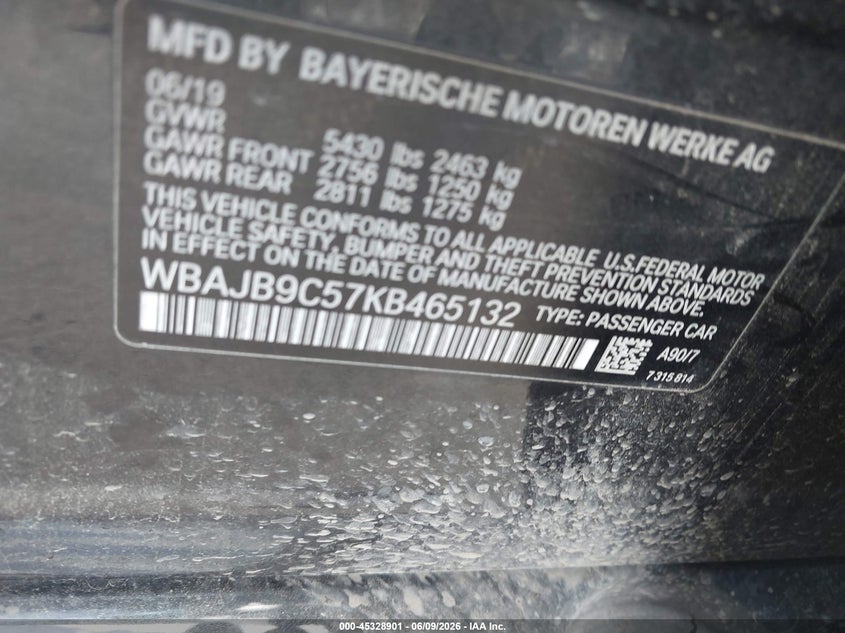 2019 BMW M550I xDrive VIN: WBAJB9C57KB465132 Lot: 45328901