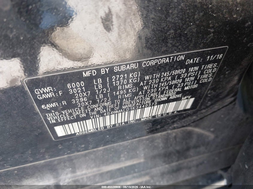 SUBARU ASCENT 2019 VIN 4S4WMALD1K3440373